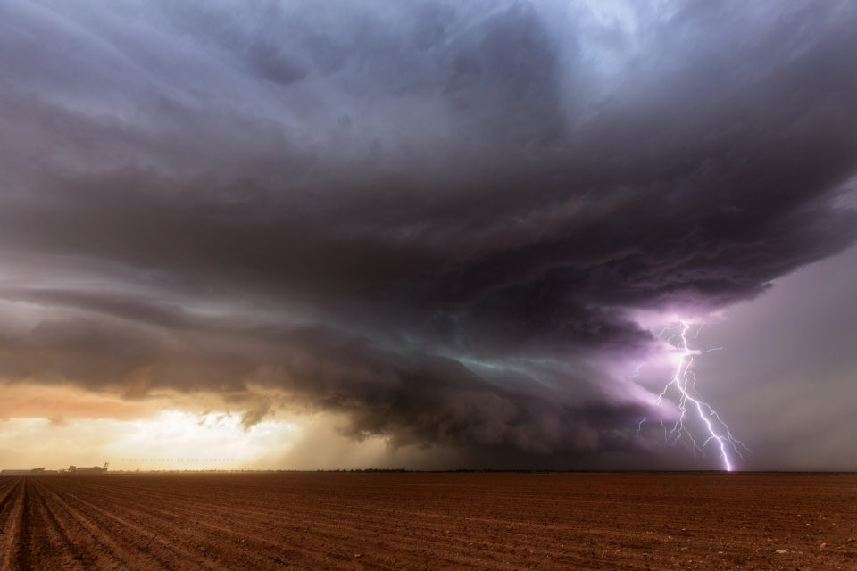 A lighting bolt pierces the cloud decks as it slams into the ground southeast of Lamesa, Texas on May 31st, 2016