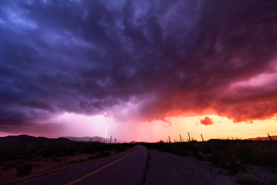 A stunning thunderstorm at sunset out in a remote area of southern Arizona near the community of Maish Vaya.